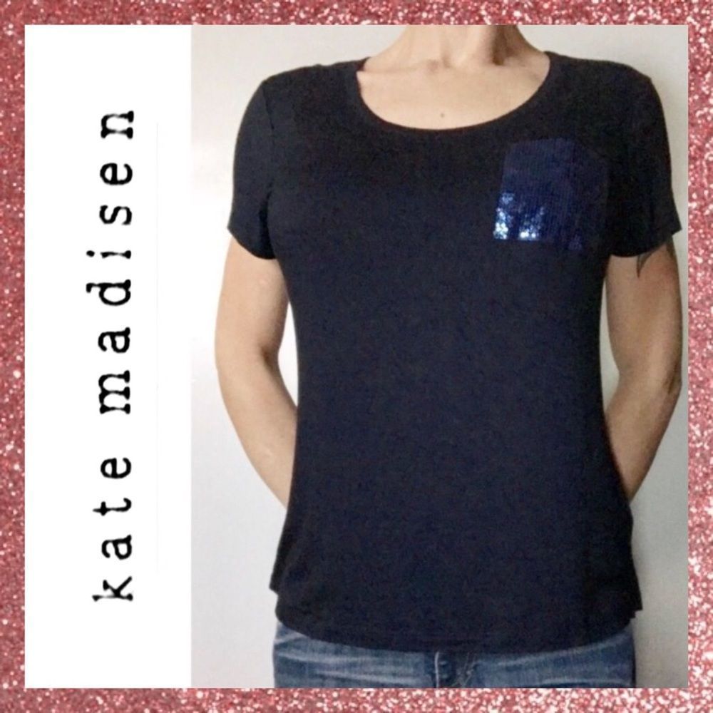 Kate Madisen Navy Blue Sequin Pocket Tee Medium M